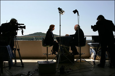 Before departing Dubrovnik, Croatia to return to the U.S., Vice President Dick Cheney participates in an interview with Kelly O'Donnell of NBC News, Sunday, May 7, 2006. During the interview the Vice President discussed issues ranging from relations with Russia to his role in U.S. politics and policy making.