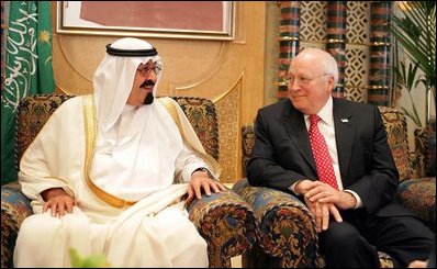 Vice President Dick Cheney meets with newly crowned King Abdullah during a retreat at King Abdullah's Farm in Riyadh, Saudi Arabia Friday, August 5, 2005, following the death of his half-brother King Fahd who passed away August 1, 2005.