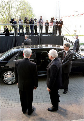 Vice President Dick Cheney, right, and Lithuanian President Valdus Adamkus pose for the media during the Vice President's arrival to the Presidential Palace, Wednesday, May 3, 2006 in Vilnius, Lithuania.