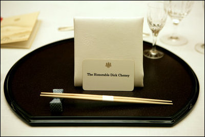 A place setting for Vice President Dick Cheney is seen Feb. 21, 2007 at a dinner hosted by Prime Minister of Japan Shinzo Abe at the prime minister's residence in Tokyo. White House photo by David Bohrer