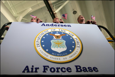 U.S. troops at Andersen Air Force Base, Guam listen from atop a hydraulic lift as Vice President Dick Cheney delivers remarks during a rally, Feb. 22, 2007. White House photo by David Bohrer