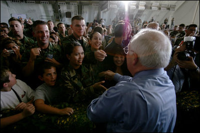 Vice President Dick Cheney greets U.S. troops and their families, Feb. 22, 2007, at Andersen Air Force Base, Guam. White House photo by David Bohrer