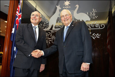 Vice President Dick Cheney and Prime Minister John Howard of Australia stand in the Prime Minister's Sydney office, Feb. 24, 2007, before their joint press availability. White House photo by David Bohrer