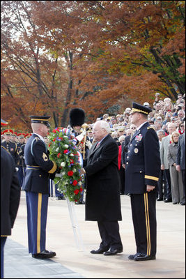 Vice President Dick Cheney stands with Major General Swan, Friday, Nov. 11, 2005, as he places a wreath during Veterans Day ceremonies at Arlington National Cemetery in Arlington, Va.