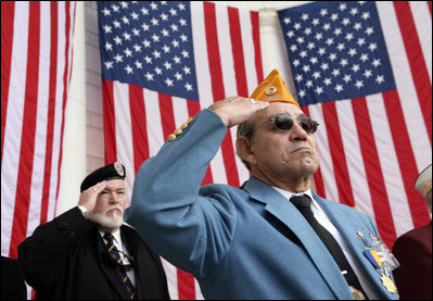 Veterans Jose Garcia, right, and John Rowan, render a salute during Veterans Day ceremonies at Arlington National Cemetery in Arlington, Va., Friday, November 11, 2005.
