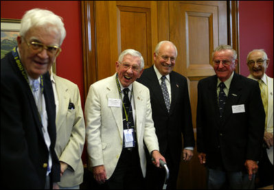Vice President Dick Cheney meets with Plank Owners of the USS Bashaw on Capitol Hill Friday, May 28, 2004. During the meeting the vice president honored the Plank Owners for their service in World War II. A Plank Owner is an individual who served as member of the crew of a ship when that ship was placed in commission. The submarine USS Bashaw, commissioned on October 25, 1943, engaged in six wartime patrols in the Pacific.