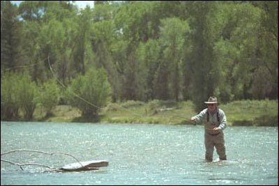 Uncoiling a long, winding cast atop the cool running waters of the Snake River in Idaho, Vice President Cheney relaxes in the steady rhythms of one his favorite past times, fly fishing. 