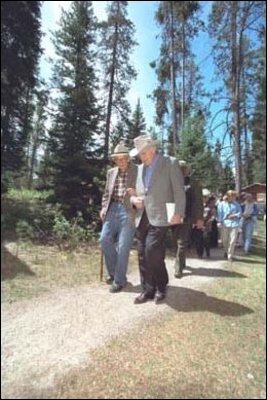 Vice President Cheney walks with conservationist Laurance S. Rockefeller at the JY Ranch in Jackson, WY. Following in the footsteps of his father, John D. Rockefeller, Mr. Rockefeller donated the 1,100 ranch to the Grand Teton National Park. His father donated 33,000 acres in 1949, which formed the majority of the land in the original park. 