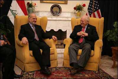 Vice President Dick Cheney meets with Iraqi Prime Minister Jafari, US Ambassador to Iraq Zalmay Khalilzad, and US delegation members inside the Green Zone, Sunday Dec. 18, 2005.