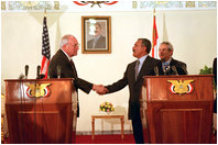 Vice President Dick Cheney and President Salih of Yemen discuss joint efforts to fight terrorist activity at a press conference in Sanaa, Yemen, March 14.
