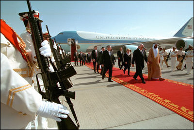 Greeted by Crown Prince Shaikh Khalifa of the United Arab Emirates, Vice President Dick Cheney participates in an arrival ceremony in Abu Dhabi March 16. 