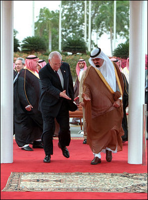Vice President Dick Cheney and Crown Prince Abdullah of Saudi Arabia extend courtesies to each other as they enter the area where the two leaders will stand during an arrival ceremony in Jeddah, Saudi Arabia, March 16. 