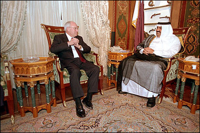 Vice President Dick Cheney talks with King Hamad Bin Isa Al-Khalifa of Bahrain at the Qudaybiyah Palace in Manama, Bahrain, March 17.