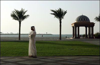 Crown Prince Sheikh Mohammed bin Zayed Al Nahyan of the United Arab Emirates awaits the arrival of Vice President Dick Cheney Friday, May 11, 2007, for a meeting at the Emirates Palace Hotel in Abu Dhabi.