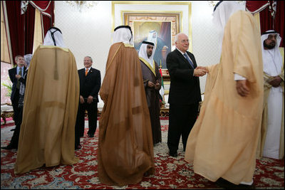 Vice President Dick Cheney greets United Arab Emirates officials Saturday, May 12, 2007, during a meeting with President Sheikh Khalifa bin Zayed Al Nayhan, far right, at Al-Bateen Palace in Abu Dhabi, United Arab Emirates.