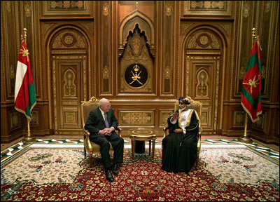 Vice President Dick Cheney meets with Sultan Qaboos bin Said of Oman Wednesday, March 19, 2008 in Muscat. The visit to Muscat is the second stop on a 10-day trip to the Middle East and Turkey.