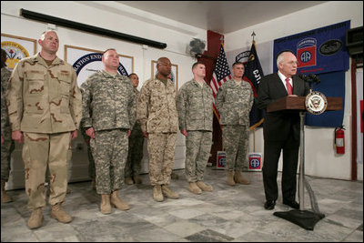 Vice President Dick Cheney addresses U.S. troops Thursday, March 20, 2008, during a dinner at Bagram Air Base, Afghanistan. During his remarks the Vice President said, “A lot of history is being made here every single day. Much of the credit goes to all of you. The President and I get regular briefings on the action here, and we don't take you for granted for a single moment.”