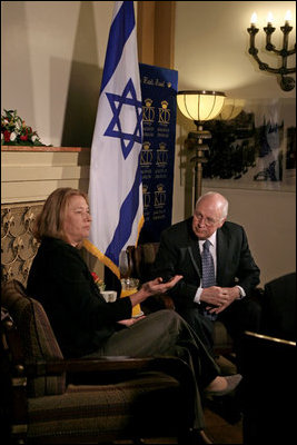 Vice President Dick Cheney meets with Israeli Foreign Minister Tzipi Livni Sunday, March 23, 2008, at the Kind David Hotel in Jerusalem. Throughout the day the Vice President met with leaders from Israel and the Palestinian Authority to discuss the on-going Middle East peace process.