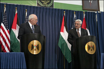 Vice President Dick Cheney and President Mahmoud Abbas of the Palestinian Authority deliver statements Sunday, March 23, 2008, following their meeting to discuss the Mideast peace process in Ramallah.