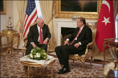 Vice President Dick Cheney meets with Prime Minister Tayyip Erdogan of Turkey Monday, March 24, 2008 in Ankara. During his visit to Turkish capital the Vice President had conversations with the executive leadership on Afghanistan, northern Iraq and energy security.