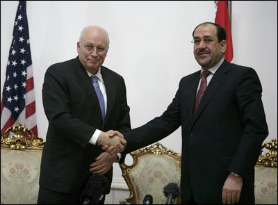 Vice President Dick Cheney shakes hands with Iraqi Prime Minister Nouri al-Maliki following their meeting Monday, March 17, 2008 at the Prime Minister's residence in Baghdad. "I found the Vice President a man who understands very well and is very keen about Iraq's success," said Prime Minister Maliki, adding, "I believe these visits really cement and support the relationship between the two countries, the success that we achieve in Iraq against terrorism, and in the war against terrorism."