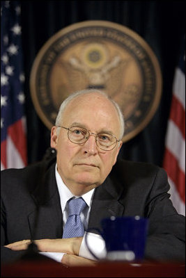 Vice President Dick Cheney listens to a reporters question Monday, March 17, 2008 during press availability with General David Petraeus and U.S. Ambassador to Iraq Ryan Crocker (not pictured) inside the Green Zone in Baghdad. "This week marks the fifth anniversary since we launched into Iraq in March of '03," said the Vice President during the press availability, adding, "If you reflect back on those five years, I think it's been a difficult, challenging, but nonetheless successful endeavor; that we've come a long way in five years, and that it's been well worth the effort."