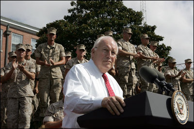 Vice President Dick Cheney addresses an estimated crowd of 4,500 Marines during a rally at Camp Lejeune in Jacksonville, NC, Monday October 3, 2005. During his remarks the vice president commended the Marines and said, "All of you are part of a team that continues to make history, removing threats to the United States and other free nations, and bringing new hope to a troubled region of the world. As a Marine, each of you defends this country, and represents the best that is in it. And by your achievements you've made one thing very clear: The day you decided to become a Marine was a great day for the United States of America."