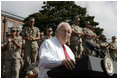 Vice President Dick Cheney addresses an estimated crowd of 4,500 Marines during a rally at Camp Lejeune in Jacksonville, NC, Monday October 3, 2005. During his remarks the vice president commended the Marines and said, "All of you are part of a team that continues to make history, removing threats to the United States and other free nations, and bringing new hope to a troubled region of the world. As a Marine, each of you defends this country, and represents the best that is in it. And by your achievements you've made one thing very clear: The day you decided to become a Marine was a great day for the United States of America."