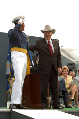 Donning his own style of graduation cap, Vice President Cheney participates in the U.S. Air Force Academy Commencement ceremonies at Falcon Stadium in Colorado Springs, Colo., May 30, 2001.