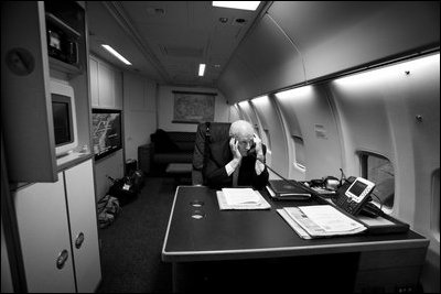 Vice President Dick Cheney makes a secure phone call from his stateroom aboard Air Force Two, April, 28, 2008.