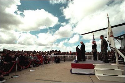 Vice President Dick Cheney speaks to troops at Miramar Marine Air Station Feb. 18, 2002. "We are in a struggle for freedom and for security for the American people. And let there be no doubt, the forces of freedom will defeat the forces of terror," said the Vice President. 