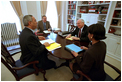 Vice President Dick Cheney attends a meeting with National Security Advisor Dr. Condoleezza Rice (right), Secretary of Defense Donald Rumsfeld (middle left) and Secretary of State Colin Powell (left) in Dr. Rice's office.