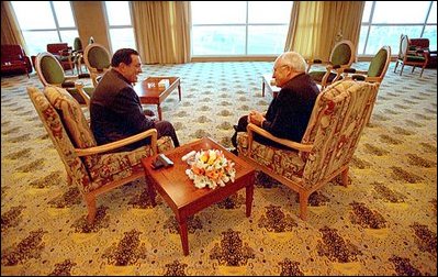 Vice President Dick Cheney talks privately with Egyptian President Hosni Mubarak in Sharm El-Sheikh, Egypt, March 13, 2002. 