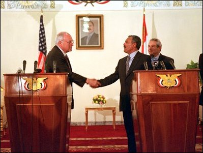 Vice President Dick Cheney and President Salih of Yemen discuss joint efforts to fight terrorist activity at a press conference in Sanaa, Yemen, March 14, 2002.
