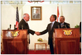 Vice President Dick Cheney and President Salih of Yemen discuss joint efforts to fight terrorist activity at a press conference in Sanaa, Yemen, March 14.