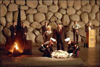 Vice President Dick Cheney and Mrs. Cheney participate in a Wreath Laying Ceremony in the Hall of Remembrance at Yad Vashem in Israel March 18, 2002.