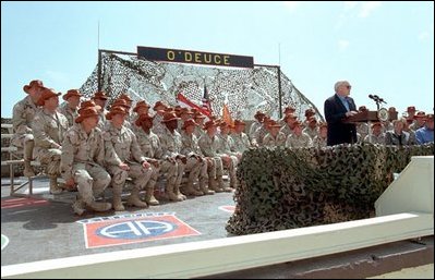 Vice President Dick Cheney addresses the Arkansas National Guard Troops in Sharm El-Sheikh, Egypt, March 13, 2002. 
