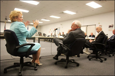 Director of the Federal Law Enforcement Training Center Connie Patrick talks with Vice President Dick Cheney and Department of Homeland Security Secretary Michael Chertoff as they attend a briefing on the center.s operations during a visit to the facility in Glynco, Georgia, May 2, 2005.