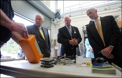 Vice President Dick Cheney, Senator Saxby Chambliss, and Department of Homeland Security Secretary Michael Chertoff are shown various types of radioactive sensing devices during a visit to the Federal Law Enforcement Training Center in Glynco, Georgia, May 2, 2005.