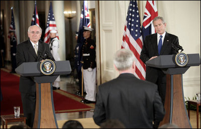 President George W. Bush and Prime Minister John Howard of Australia hold a joint press conference in the East Room Tuesday, May 16, 2006. "The people of Australia are independent-minded, they're smart, they're capable, their hardworking and I really enjoy my relationship with the Prime Minister," said President Bush.