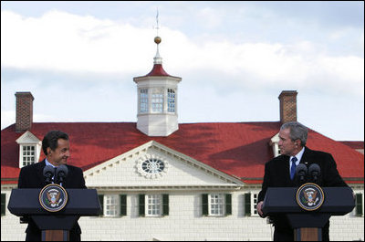 With Mount Vernon as a backdrop, President George W. Bush and President Nicolas Sarkozy of France participate in a joint press availability Wednesday, Nov. 7, 2007. The visit to the Virginia home of George Washington capped a two-day visit by the French leader to the nation's capital.