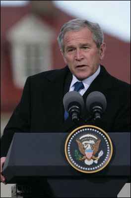 President George W. Bush responds to a question Wednesday, Nov. 7, 2007, during a joint press availability with President Nicolas Sarkozy of France at Mount Vernon. Said the President, "I can't thank the President enough for his willingness to stand with young democracies as they struggle against extremists and radicals. ...France's voice is important and it's clear that the human rights of every individual are important to the world."