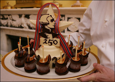 A "Lafayette" cake dessert is served to guests Tuesday evening, Nov. 6, 2007, during the White House dinner in honor of French President Nicolas Sarkozy. The cake honors the 250th anniversary of the birth of French soldier and statesman the Marquis de Lafayette, who was pivitol in America's war for independence.