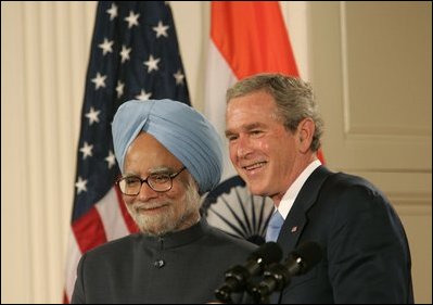 President George W. Bush and India's Prime Minister Dr. Manmohan Singh, appear before reporters during a joint news conference, Monday, July 18, 2005, in the East Room of the White House. 