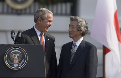"The friendship between our two nations is based on common values," said President Bush in his remarks during the official arrival ceremony for Prime Minister Junichiro Koizumi of Japan Thursday, June 29, 2006. "These values include democracy, free enterprise, and a deep and abiding respect for human rights."