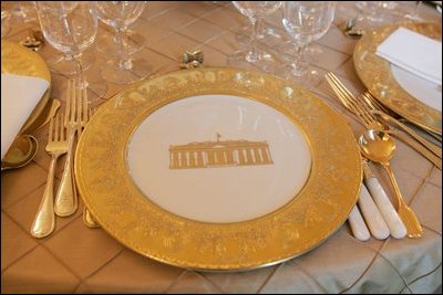 A White House table setting is seen, Wednesday, Nov. 2, 2005, in the White House State Dining Room, in preparation for the official dinner for the Prince of Wales and Duchess of Cornwall.