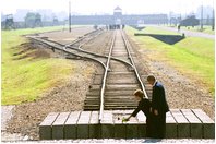 President and Mrs. Bush place a rose at the end of the railroad tracks at the Birkenau concentration camp, also known as Auschwitz II, in Poland, May 31, 2003.